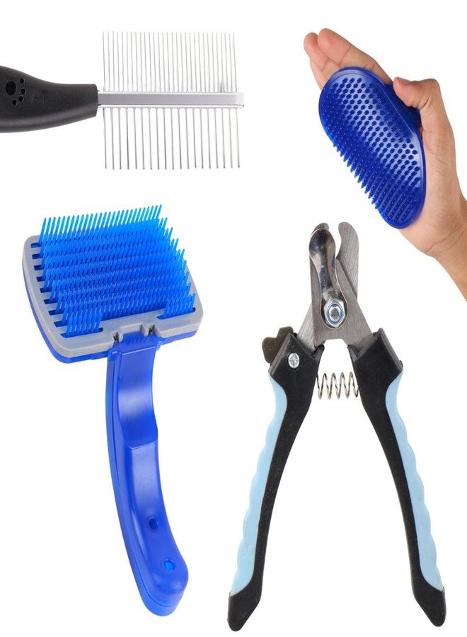 مجموعة العناية بالكلاب من بيت كير برو، مجموعة من 4 قطع مع فرشاة تنظيف ذاتية التنظيف، ومشط معدني، ومقص أظافر، وأداة إزالة الشعر الزائد، أزرق - Image 1